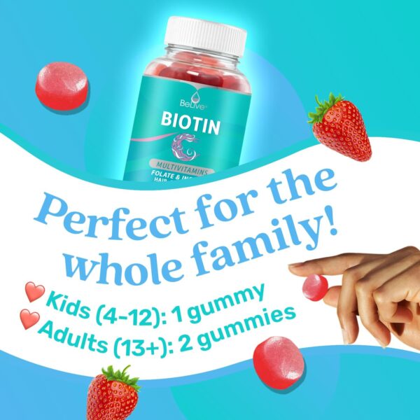 BeLive Biotin Gummies with MultiVitamins, Folate, Inositol – Supports Hair Growth, Healthy Skin & Nails – Vegan, Pectin Based – Strawberry Flavor (1) - Image 5