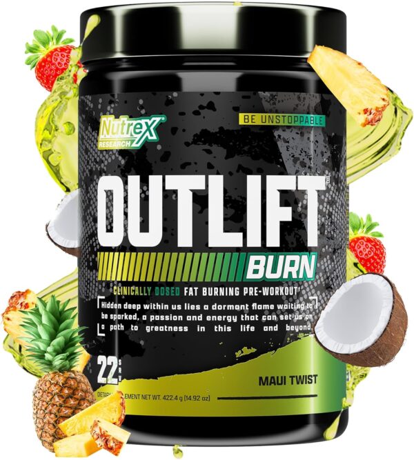 Nutrex Research Outlift Burn Thermogenic Pre Workout Powder, 2 in 1 Performance & Shredding Supplement with Metabolyte, GBBGO (22 Servings, Maui Twist)