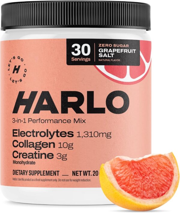 Harlo - Grapefruit Salt Electrolyte Drink Mix w/Bovine Collagen & Creatine - Creatine Monohydrate Powder - Energy Drink Powder - Pre Workout Powder - Sugar Free Energy Drinks - Post Workout Recovery