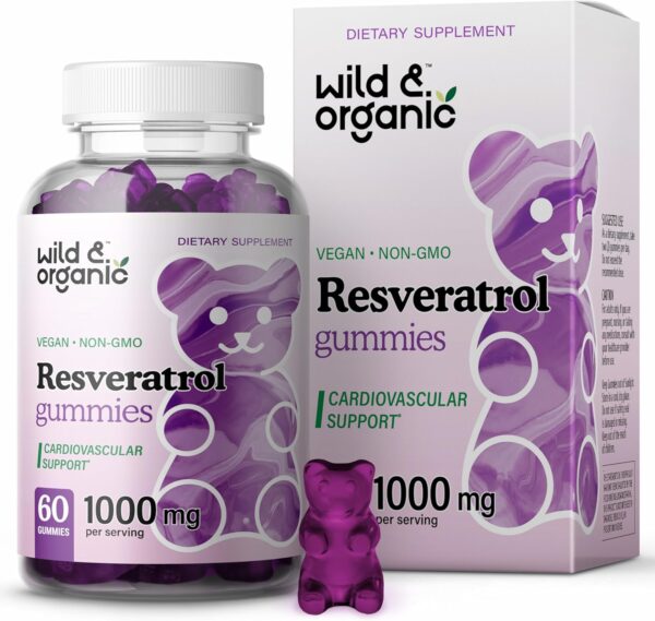 Wild & Organic Resveratrol Gummies - Trans Resveratrol 1000mg - Vegan Trans Resveratrol Supplement for Immune Support - Brain Health Support w/Resveratrol - 60 Antioxidant Gummies