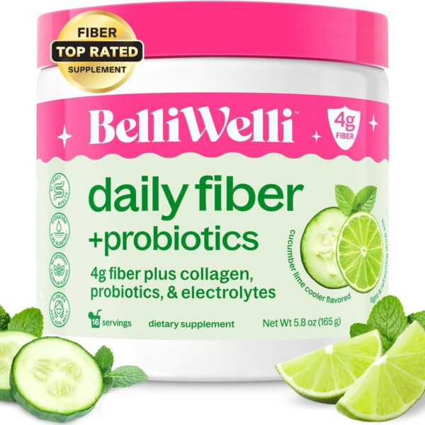 Daily Fiber Supplement with Added Collagen, Probiotics and Electrolytes | Supports Digestive Health and Regularity | Cucumber Lime Mint | 16 Servings