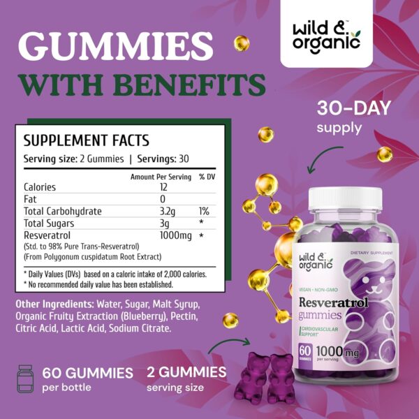 Wild & Organic Resveratrol Gummies - Trans Resveratrol 1000mg - Vegan Trans Resveratrol Supplement for Immune Support - Brain Health Support w/Resveratrol - 60 Antioxidant Gummies - Image 2