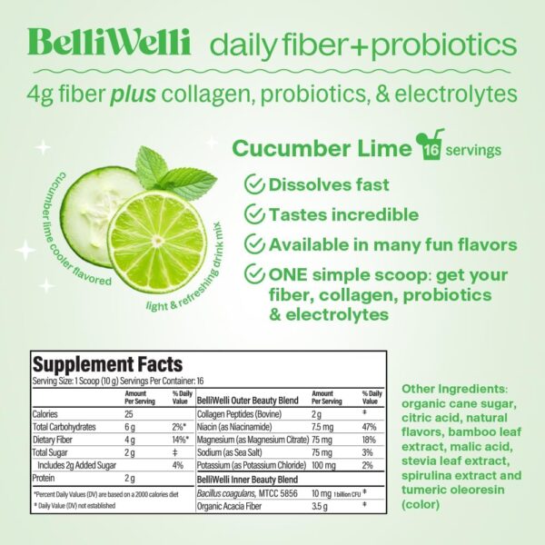 Daily Fiber Supplement with Added Collagen, Probiotics and Electrolytes | Supports Digestive Health and Regularity | Cucumber Lime Mint | 16 Servings - Image 2