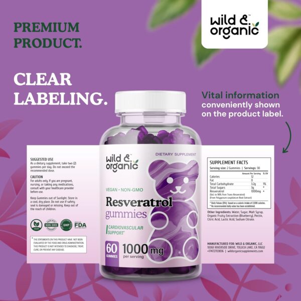 Wild & Organic Resveratrol Gummies - Trans Resveratrol 1000mg - Vegan Trans Resveratrol Supplement for Immune Support - Brain Health Support w/Resveratrol - 60 Antioxidant Gummies - Image 3