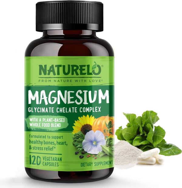 NATURELO Magnesium Glycinate Chelate Complex - 200 mg Magnesium with Organic Vegetables to Support Sleep, Calm, Muscle Cramp & Stress Relief – Gluten Free, Non GMO - 120 Capsules