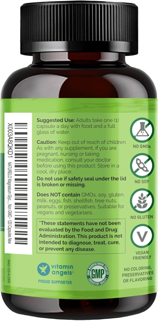 NATURELO Magnesium Glycinate Chelate Complex - 200 mg Magnesium with Organic Vegetables to Support Sleep, Calm, Muscle Cramp & Stress Relief – Gluten Free, Non GMO - 120 Capsules - Image 2