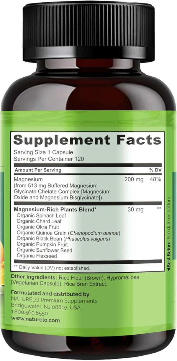 NATURELO Magnesium Glycinate Chelate Complex - 200 mg Magnesium with Organic Vegetables to Support Sleep, Calm, Muscle Cramp & Stress Relief – Gluten Free, Non GMO - 120 Capsules - Image 4